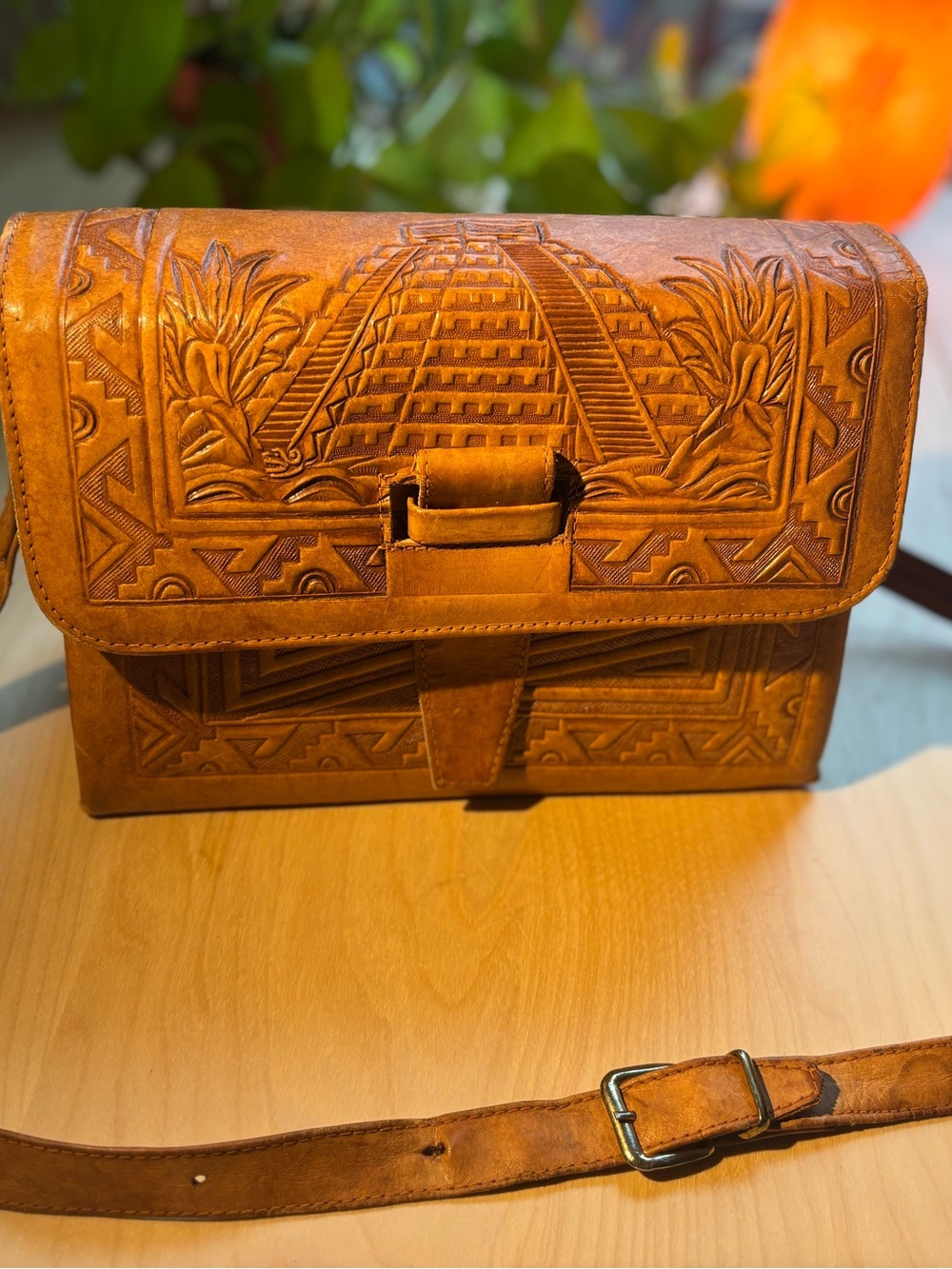 Leather Purse or Satchel, floral Aztec hand made in Cognac